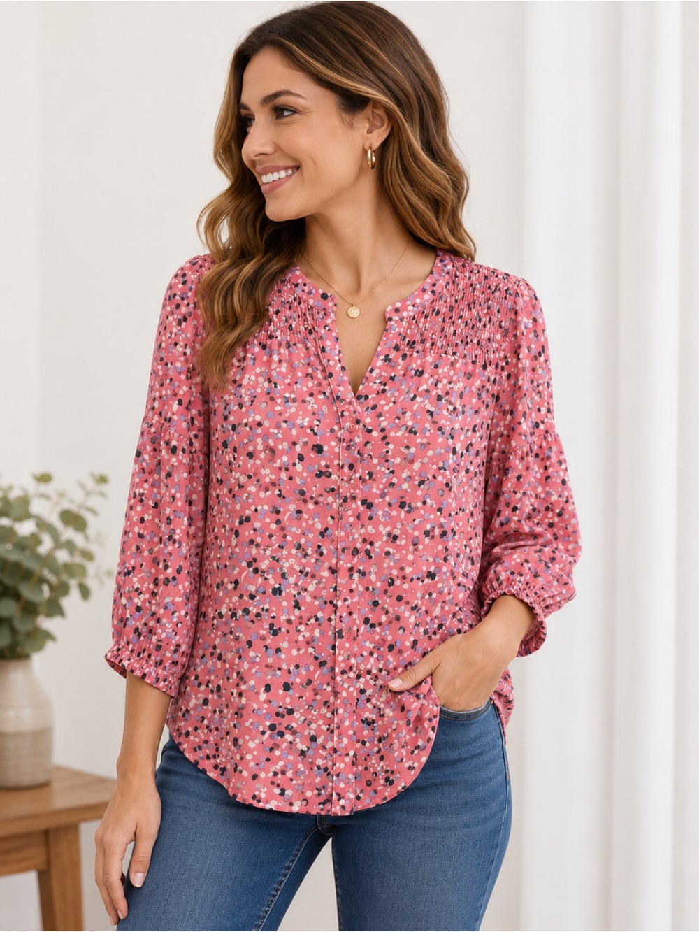 Zac & Rachel Pink Abstract Print Smocked Blouse Medium 3/4 Sleeve Boho Top